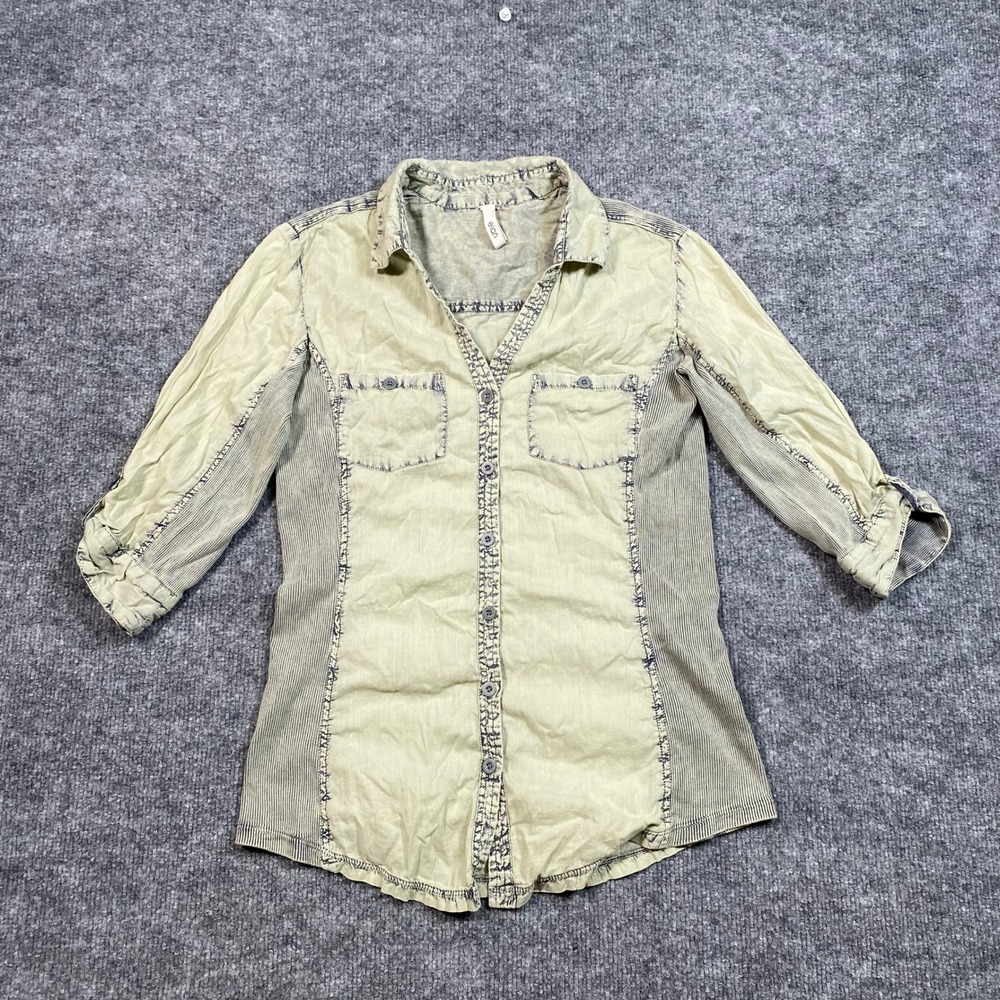 Elan Womens Small Safari Sage Green Acid Wash Pinstripe Button Down Shirt